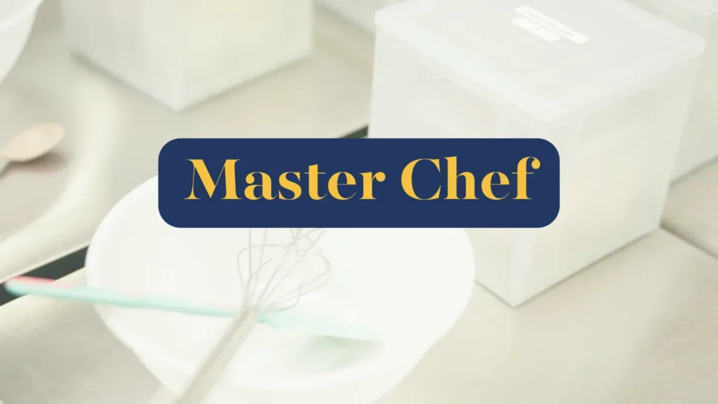 Master Chef party theme title over a white table with a whisk